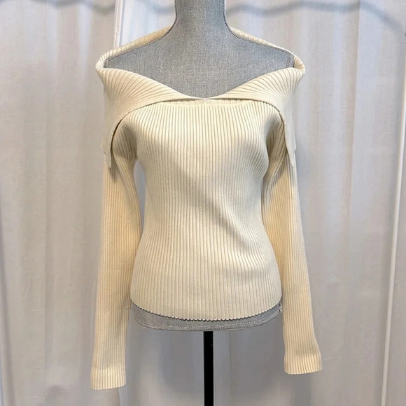 NWOT ENDLESS ROSE Ribbed Sweater Off The Shoulder Cream, Size L - Picture 5 of 14